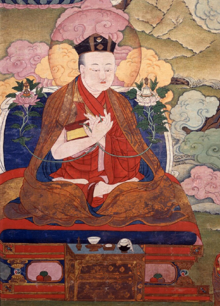 A Tibetan-style Thangka painting of a man seated on a bench in lotus posture with a halo